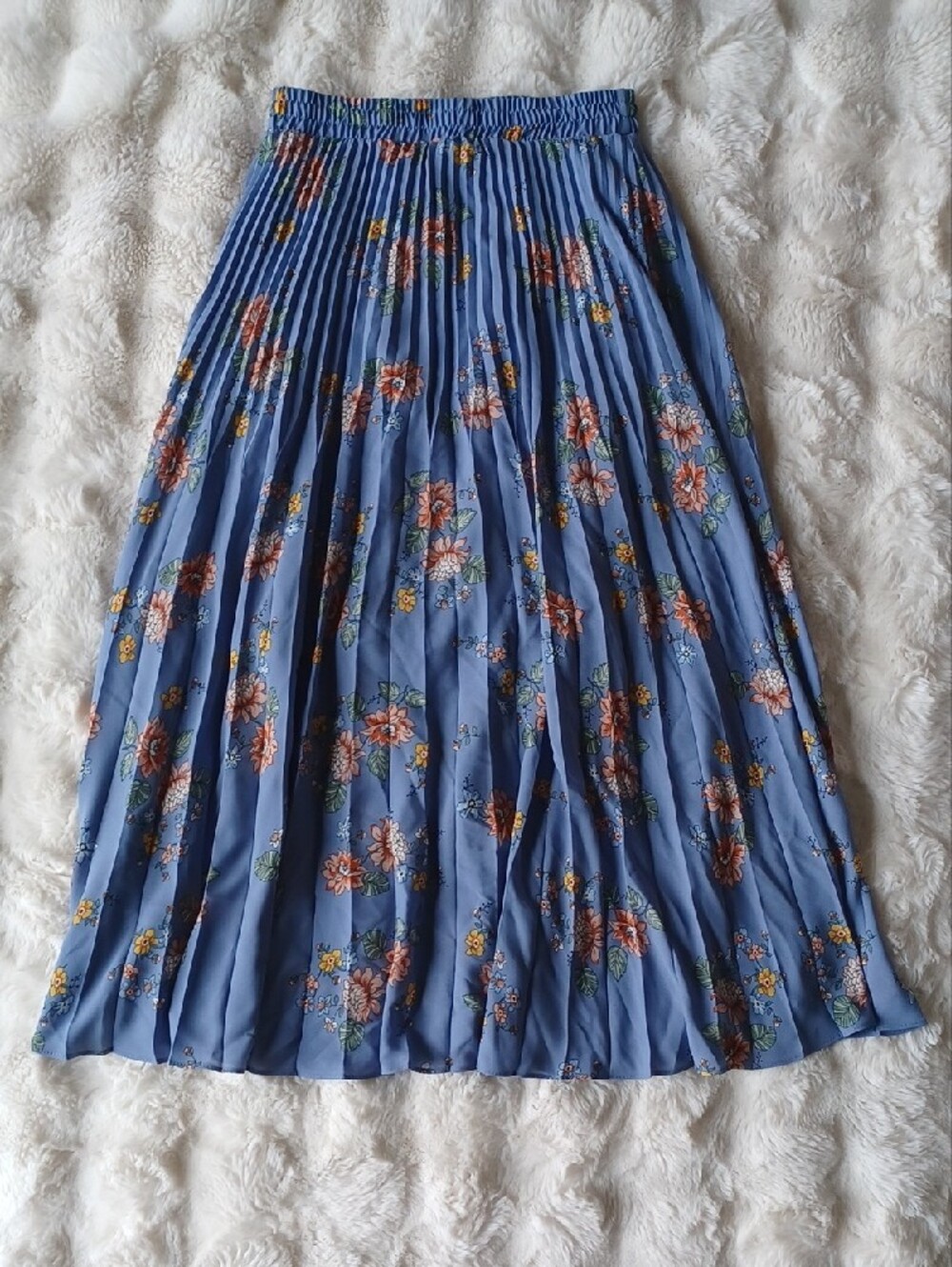 Max Studio Blue Floral Pleated Midi Skirt with Orange Accents - Picture 2 of 10